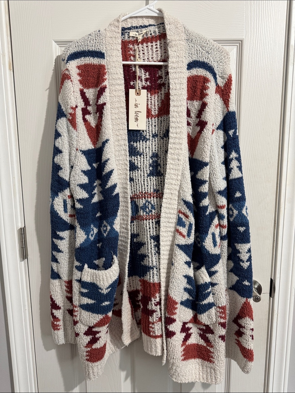 Cozy Aztec Open-Front Cardigan in Cream, Navy & Rust